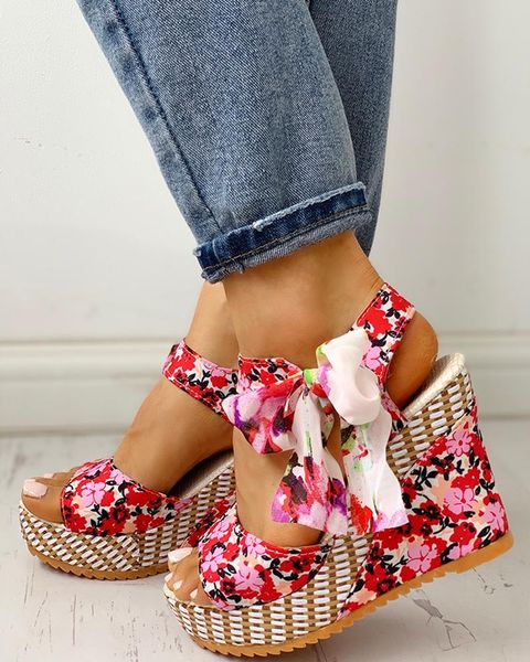 

women sandals bowknot design platform wedge female casual high heel shoes ladies floral printed ankle strap open toe d30, Black