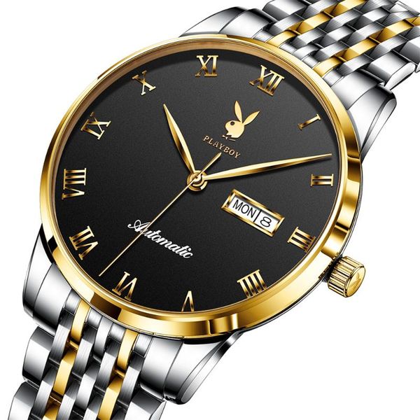 

classic automatic watch men waterproof stainless steel business mechanical wrist watches auto date wristwatches, Slivery;brown