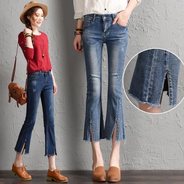 

women's jeans fashion women flared pants high waist slim elastic skinny ankle-length fit lady plus size, Blue