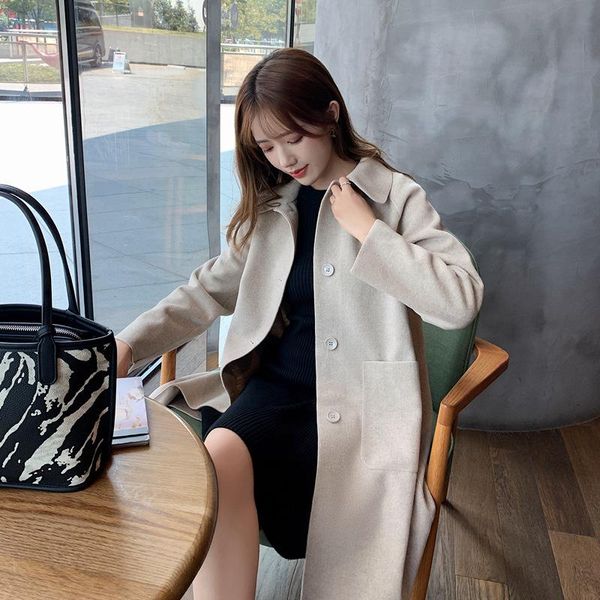 

women's wool & blends make spot with qiu dong han edition single-breasted pure color show thin woollen overcoat, Black