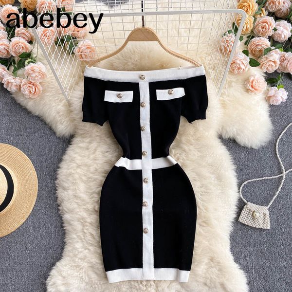 

strapless knitted dress women slash neck short sleeve slim summer off shoulder party 210512, Black;gray