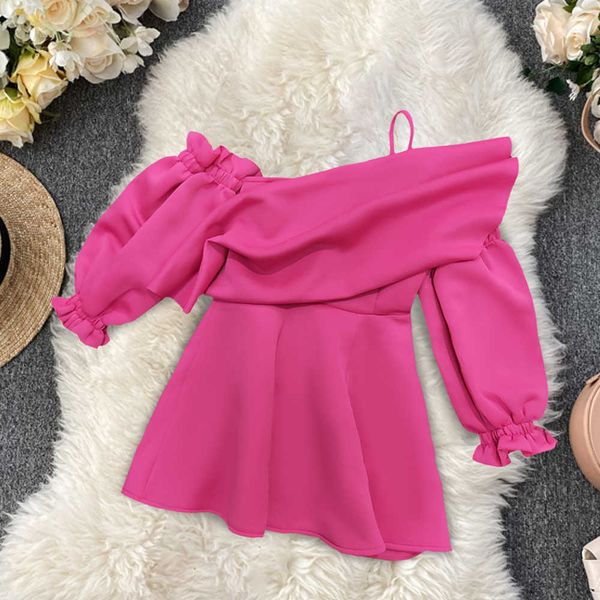 

ladies off shoulder mini length birthday party rose red dress with puff sleeve spaghetti strap club wear dresses plus size 210527, Black;gray