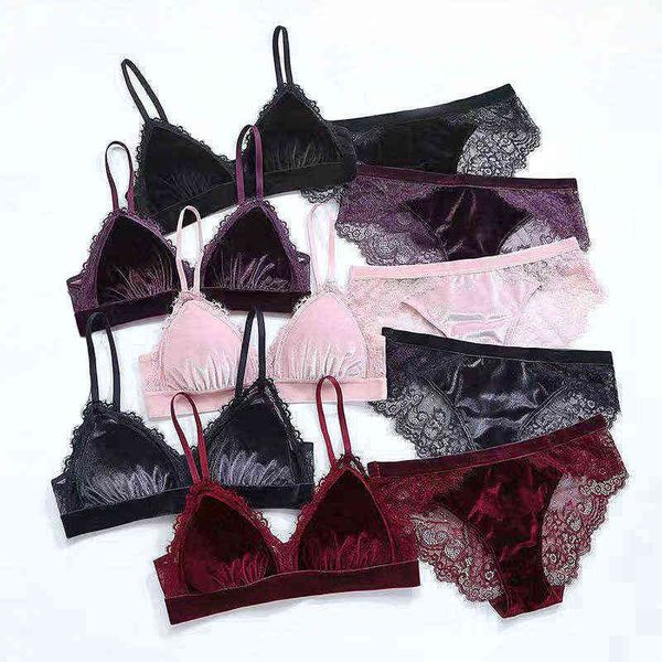 

nxy setvelvet underwear set with lace wireless triangle bra removable padded mesh lined women lingerie 1127, Red;black