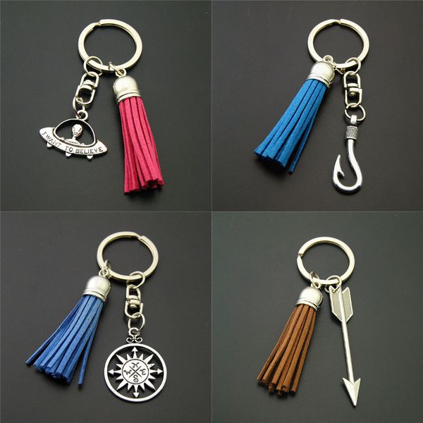 

1pc metal hook tree sun charms keychains with suede tassel colorful keyring for men, Silver