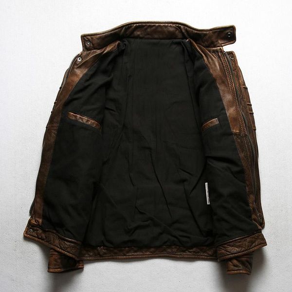 

men's leather & faux vintage 2021 brown safari style genuine jacket men large size 5xl stand collar real natural cowhide slim fit sprin, Black