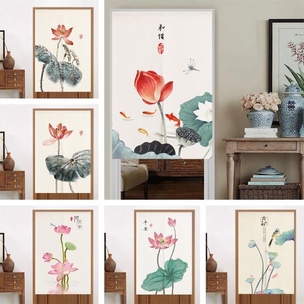 

chinese ink lotus painting fengshui japanese door curtain for kitchen bedroom home doorway decor durable half hanging curtains & drapes