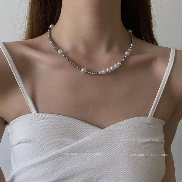 

chokers titanium steel pearl splicing necklace retro court style personality clavicle chain simple ins net red fashion hip hop neckwear, Golden;silver