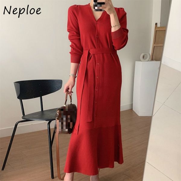 

single breasted drawstring slim waist women dresses korean chic elegant long trumpet dress v-neck soft knitted vestidos 210422, Black;gray