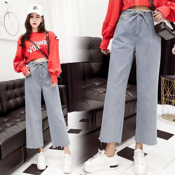 

women's jeans woman's female fashion straight wide leg loose denim pants leggings trousers warm clothing clothes styles 2021, Blue