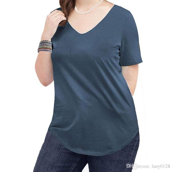

women's t-shirt plus size v-neck short sleeve casual curve hem gig female tee solid color fashion summer, White