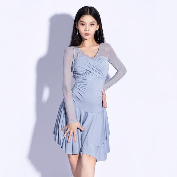 

stage wear latin dance dress women long sleeves clothes autumn winter practice rumba samba costume, Black;red