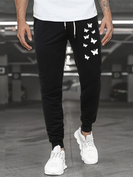 

men butterfly print drawstring waist sweatpants w5ip#, Black