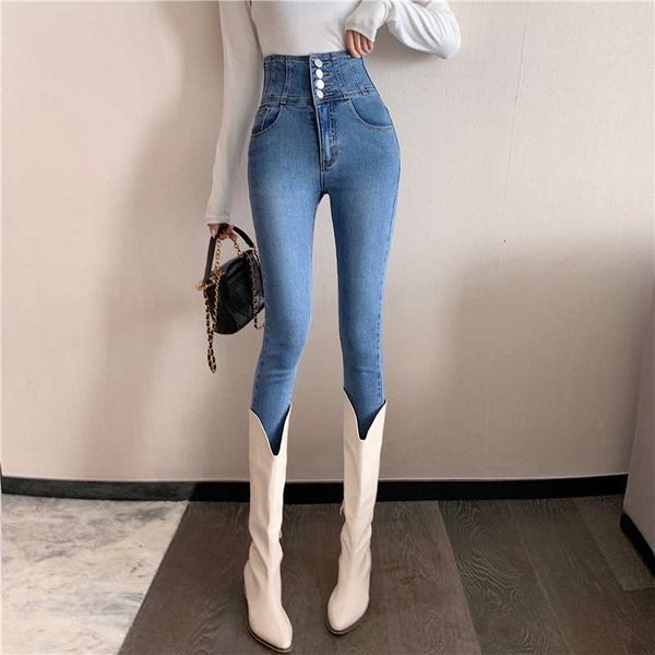 

women's jeans ins fleece tight rib waist elastic leggings bsh4, Blue