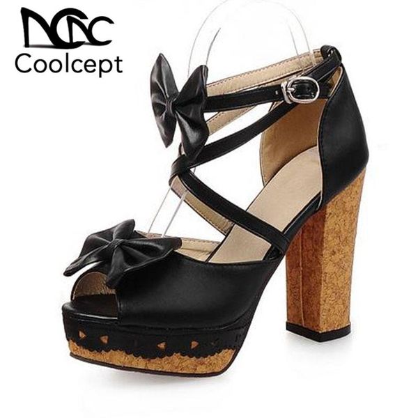 

coolcept fashion women sandals peep toe bowknot square high heels shoes buckle platform daily footwear size 34-43, Black