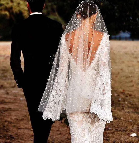 

bridal veils fingertip veil one-layer cut edge pearls beads for wedding dress without comb, Black
