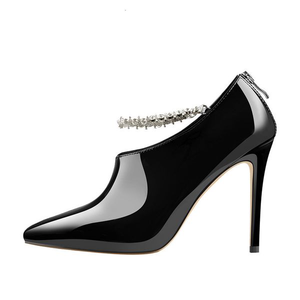 

boots women's pointed toe rhinestone chain black patent leather stiletto high heel booties