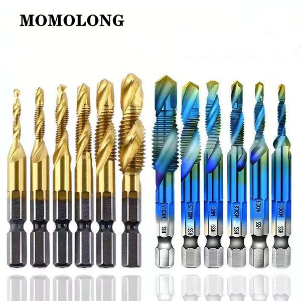

6pcs/set m3-m10 tap drill bits shank titanium coated hss drilling tap bits thread screw tools machine taps