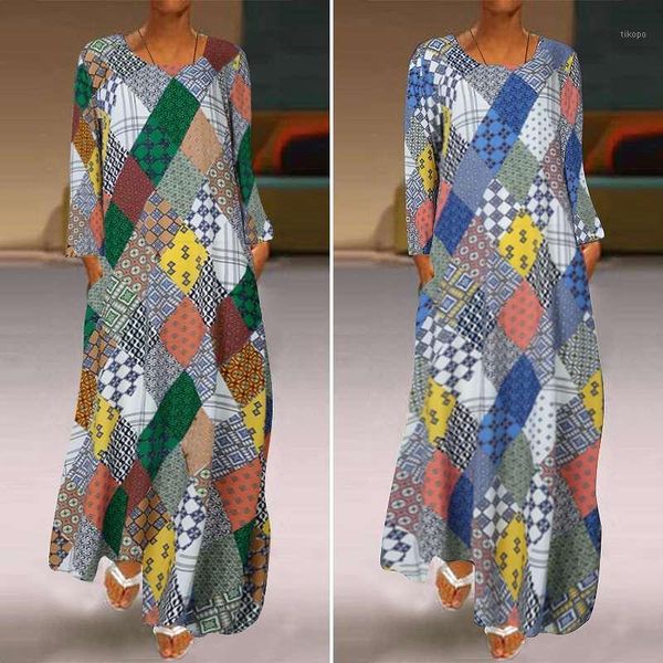 

casual dresses women's geometric sundress 2022 elegant printed maxi dress causal long sleeve summer vestidos plus size o neck tunic r1, Black;gray