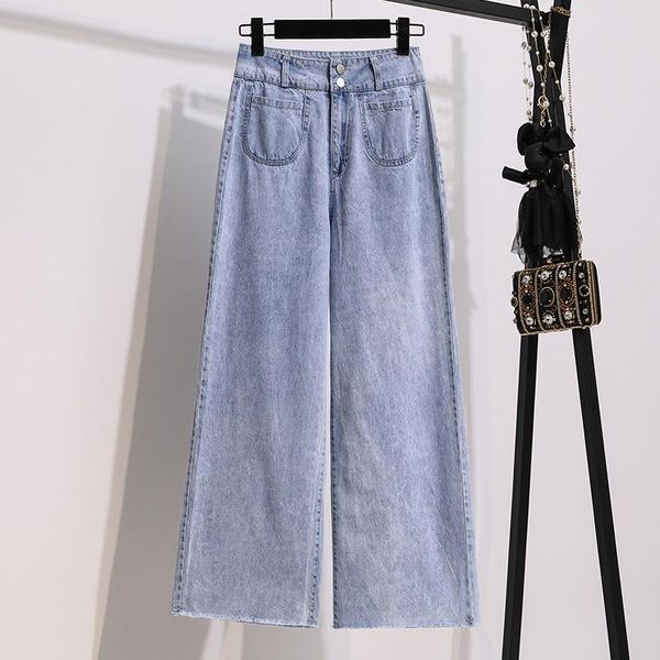 

wide-legged pants female high waist woman plus large size boyfriend jeans for women's clothing 2021 trouser oversize d0253, Blue