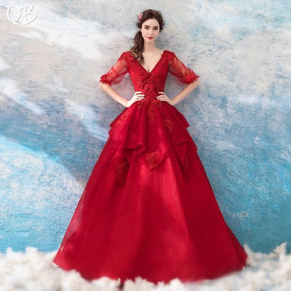 

party dresses 2021 fashion ball gown half sleeve lace flowers pearls beaded luxury wine red evening formal gowns xk13, White;black