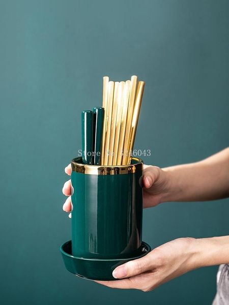 

storage bottles & jars 1pcs northern european light luxury emerald chopsticks tube ceramic household moldproof kitchen knife fork drain cage