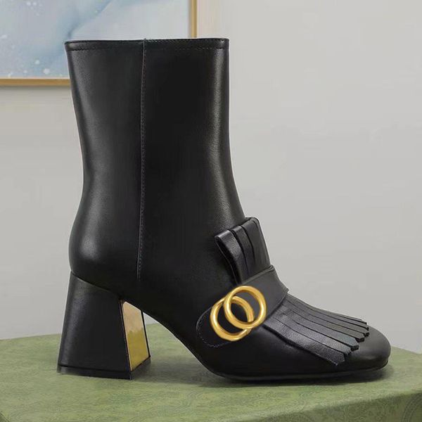 

tassel boots woman cowhide zipper metal buckle designer ankle boot 100 leather lady high heels fashion autumn winter thick heel w, Black