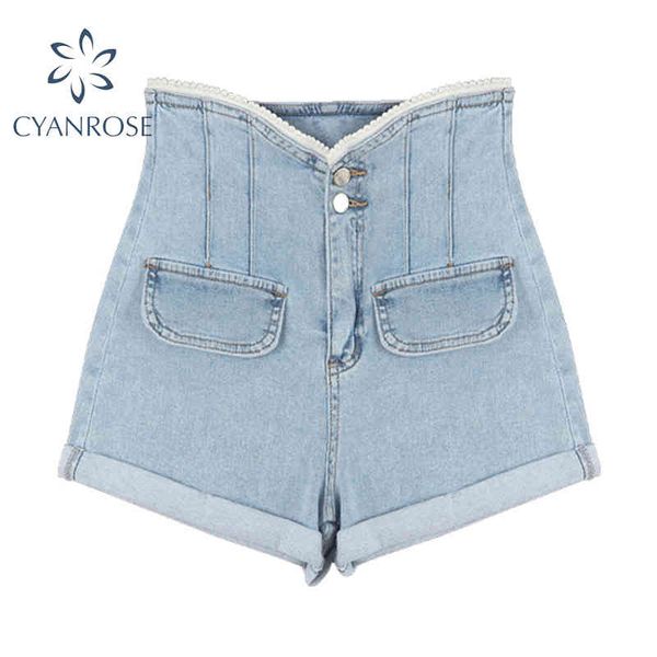 

women's denim shorts pants high waist spliced pearl fashion retro blue shorts jeans blue washed casual bar y2k tide pants 210417