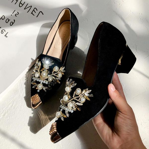 

womens pointy metal toe mules rhinestones crystal beads loafers block heel shoes pumps pearls 2colors 2021 dress, Black