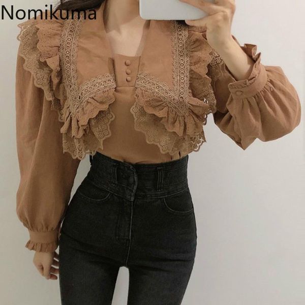 

nomikuma lace shirts women vintage long sleeve blouse turn down collar single breasted elegant autumn blusas 3d426 women's blouses &, White