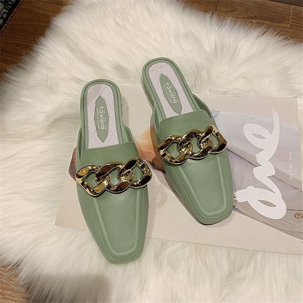 

2021 womens shoes spring rubber chain baotou square heel flat candy color casual half drag sandals1, Black