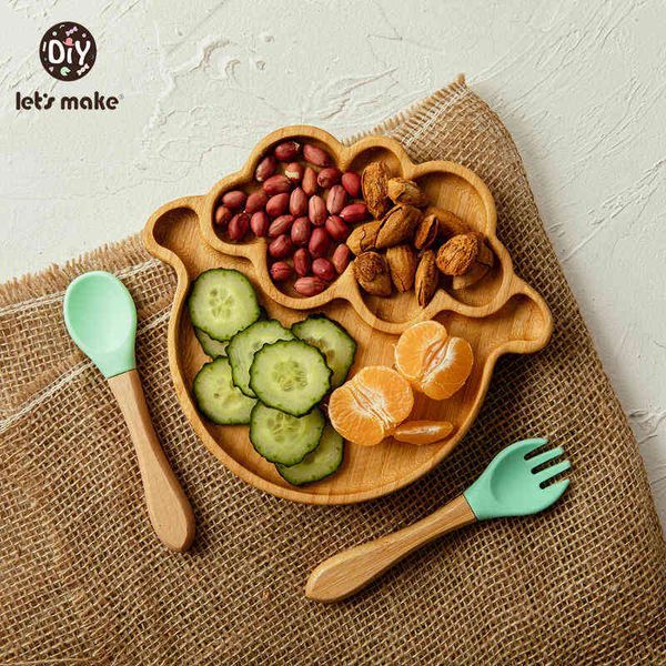 

let's make baby dinner plates set wooden cartoon dinner plate fork spoon children feeding plate safe edible silicone product g1210
