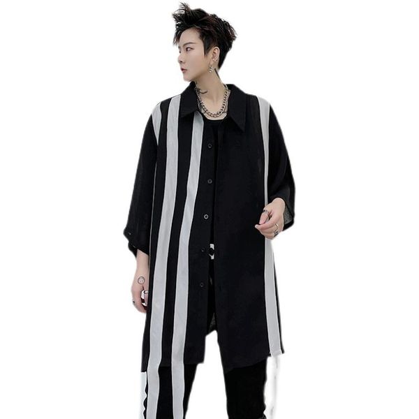 

men's casual shirts summer extra long punk rock collage shirt men short sleeves stripes cool stylish harajuku black color, White;black