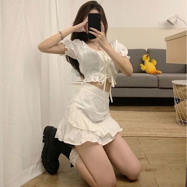 

korea ulzzang casual ins kawaii two-piece summer set drawstring puff sleeve big size puff sleeve harajuku chic women suit 210708, White