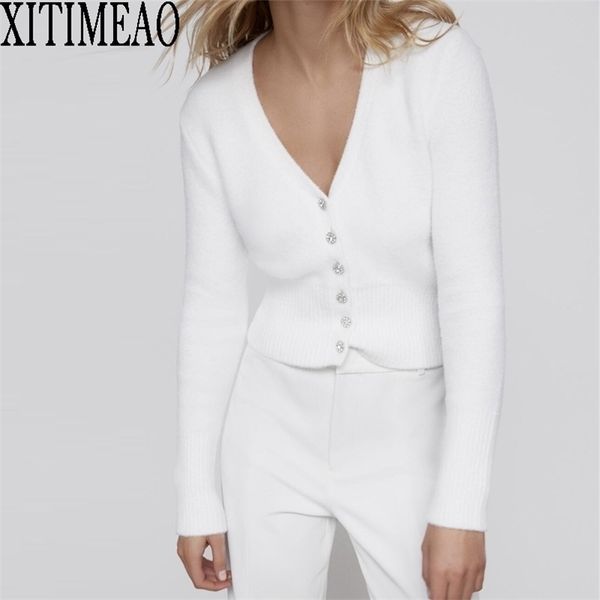 ZA Frauen Weiß Mohair Knopf Solide Strickjacke Pullover Slim Fit V-ausschnitt Langarm Damen Mode Herbst 211103