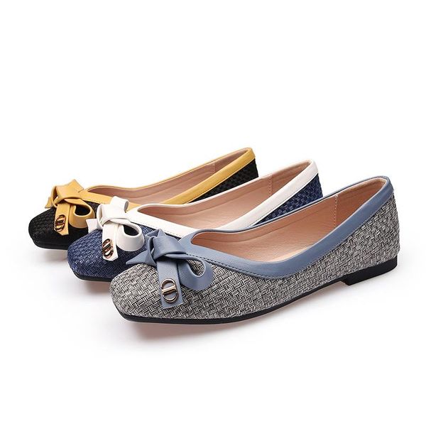 

dress shoes women's spring and summer 2021 fashion woven bow square toe single peas soft sole large size women, Black