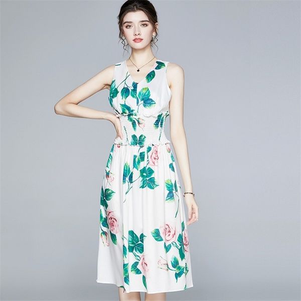 

women summer rose flowers print runway dress v-neck sleeveless high waist midi party 210519, Black;gray