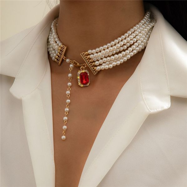 

ethnic style short red diamond chokers necklace multi layer baroque pearl round beads chain for women geometric alloy tassel necklaces ornam, Silver