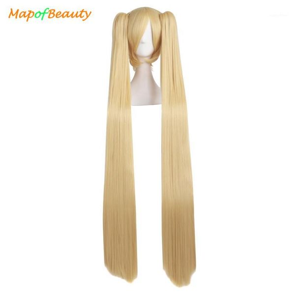 

mapofbeauty long straight cosplay wigs blonde black white blue 4colors 2 ponytails 120cm costume party shape claw synthetic hai1