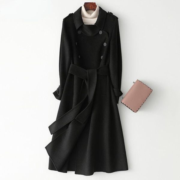 

women's wool & blends women coat female long sleeve fashion thicken overcoat ladies casual loose autumn winter streetwear outerwear a42, Black