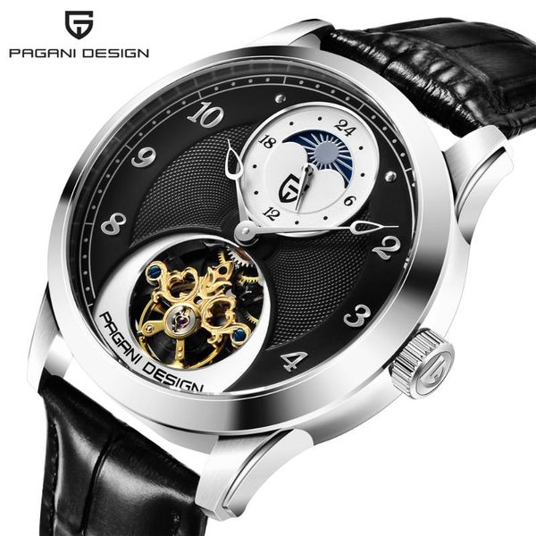 

design fashion men mechanical watch luxury sports leather tourbillon automatic 100m waterproof wristwatches, Slivery;brown