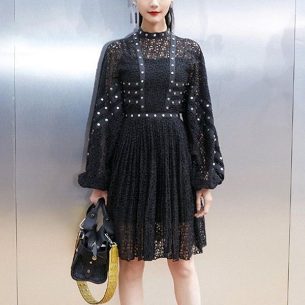 

casual dresses black lace dress women 2021 fall hollow out rivet beaded long sleeve pleated knee length party, Black;gray