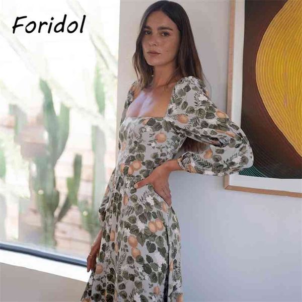 Foridol Manga Longa Vintage Fruta Floral Impressão Verão Vestido Mulheres Casual Maxi Vestido Longo Feminino Elegante Boho Beach Vestidos 210415