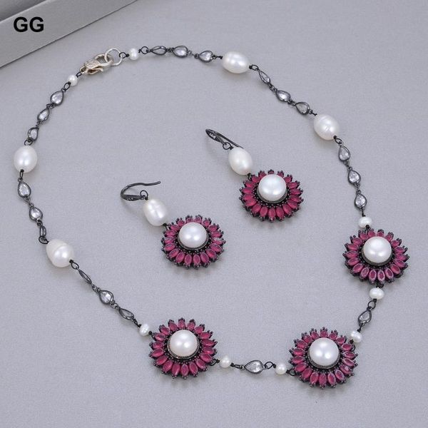 

chains jk natural 19" freshwater white pearl chain cz pave flower gunmetal color plated necklace earrings sets, Silver