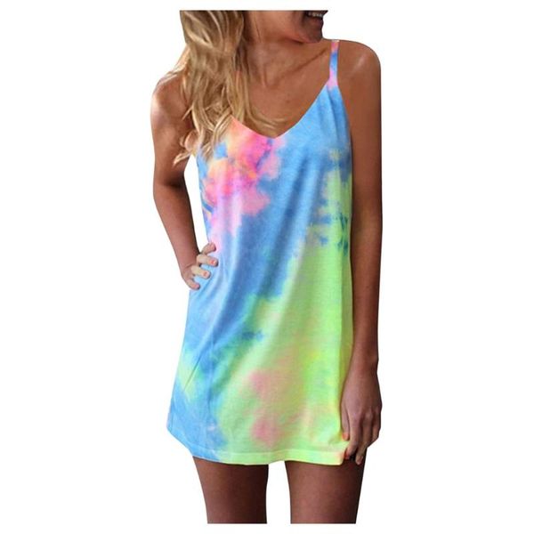

summer mini dresses women's tie-dye gradient sleeveless vestido de mujer adjustable strappy beach swing dress #t4 casual, Black;gray