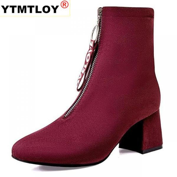 

boots women's front zipper woman winter ankle thick high heels suede booties botas mujer square heel white black
