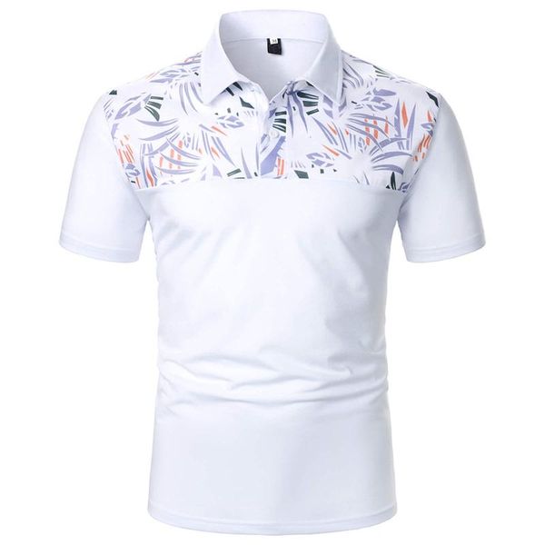 

men's polos leaf print shirts summer spring leisure patchwork shirt with lapel short sleeves clothing hombre clothes, White;black