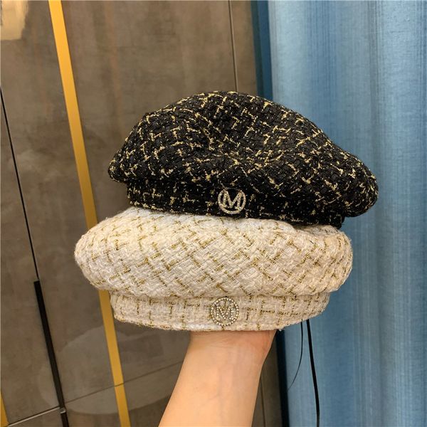 

small fragrance m standard lattice beret women's fashion octagonal autumn and winter designer versatile artist hat, Blue;gray