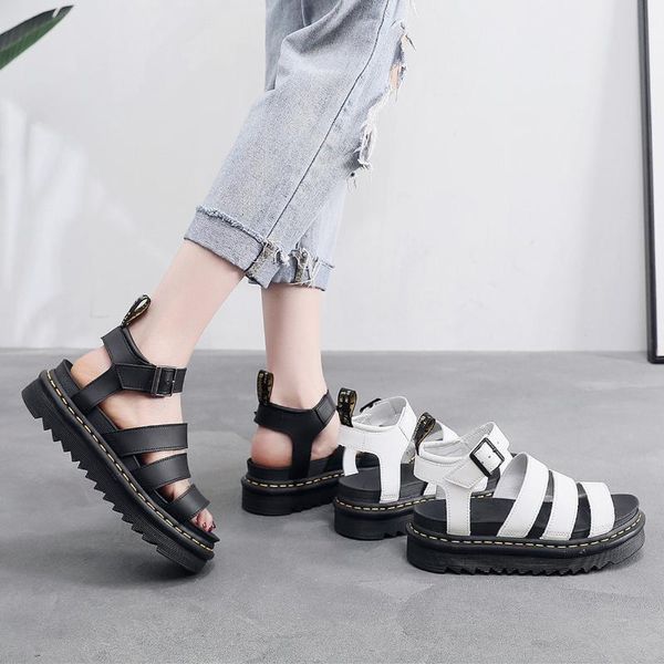 

sandals 2021 summer shoes woman flat platform women soft leather casual open toe gladiator wedges outside slippers, Black