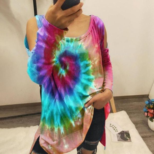 

women's t-shirt 2021 summer tie dye print hollow out shoulder short sleeve t shirt o-neck gradient color tee women streetwear, White