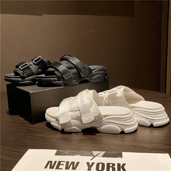 

slippers sandals baotou sandals women's 2021 new velcro thick soled leisure sports style d father sandals women's summer shoes~ zl, Black